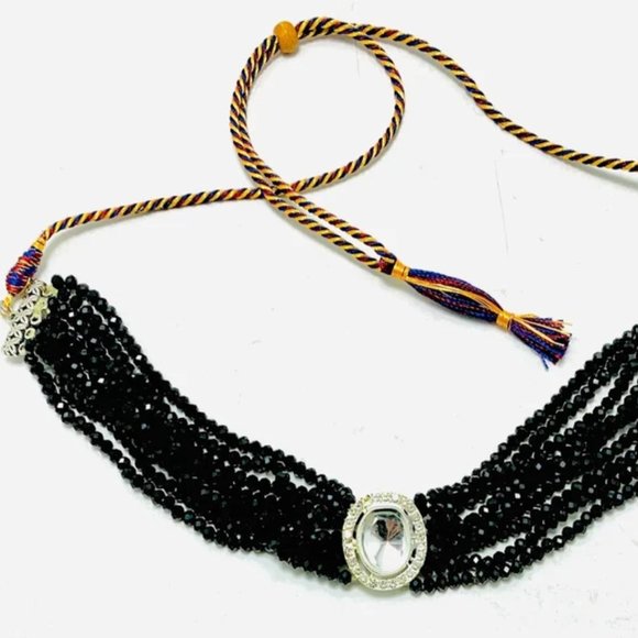Black Beaded Necklace, Handmade Black Beaded Multilayered Choker Necklace - Picture 6 of 8